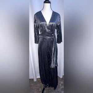 Women’s ZARA metallic ribbed‎ velour wide legs and sleeves Jumpsuit Sz small